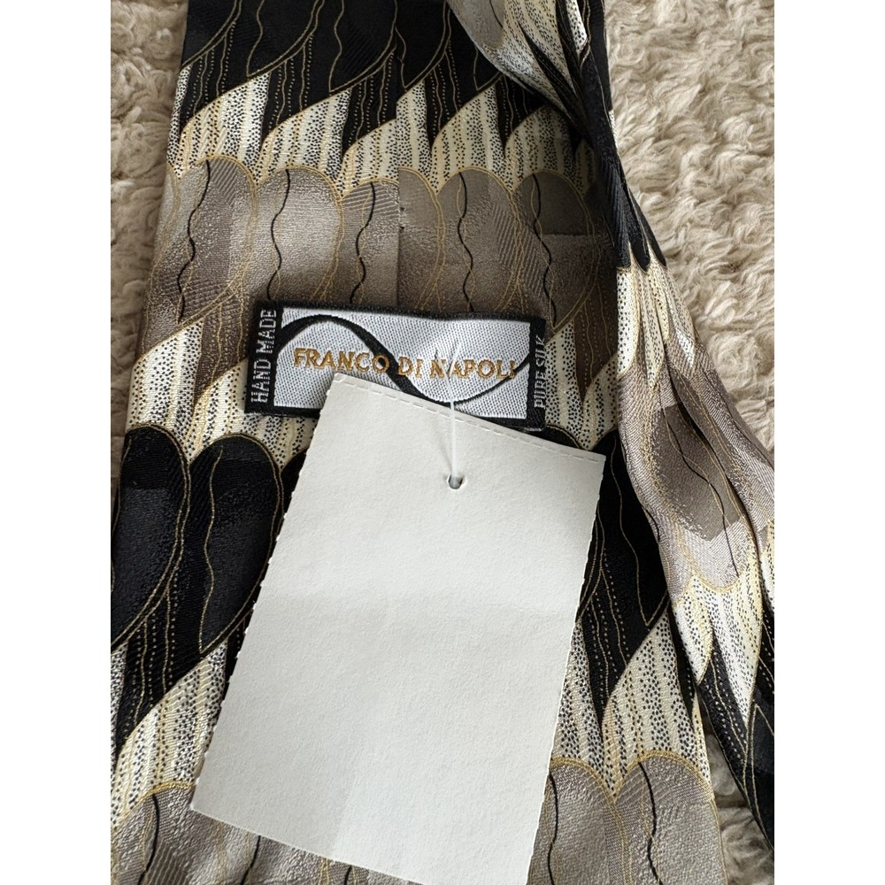Franco de Napoli 100% Silk Geometric Handmade Gold Black White 59" L x 4"W - Picture 4 of 7